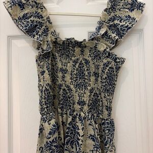 Floral Ruffle Sleeve Blouse - Blue and Cream